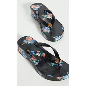 Tory Burch Tea Rose Wedge Sandal Black Floral NIB!